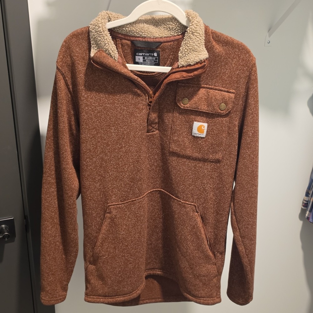 Carhartt Relaxed Fit 1/4 Zip Pullover Sweater Brown High Neck Long Sleeve S